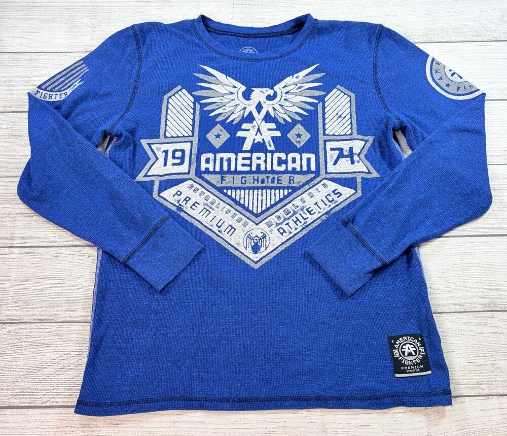 American Fighter Mens Graphic Crew Neck Thermal Long Sleeve Shirt Blue Size M - Picture 1 of 7
